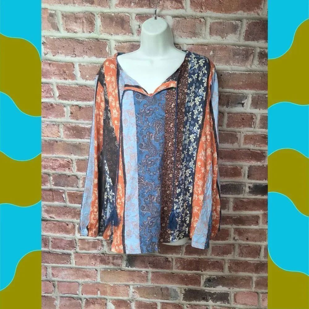 Farmers Market Boho Floral Tassel Top | Women’s 3X | Orange Blue Striped